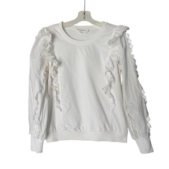 By Anthropologie Ruffle-Sleeve Lace Sweatshirt in Ivory White size Small - Picture 7 of 10